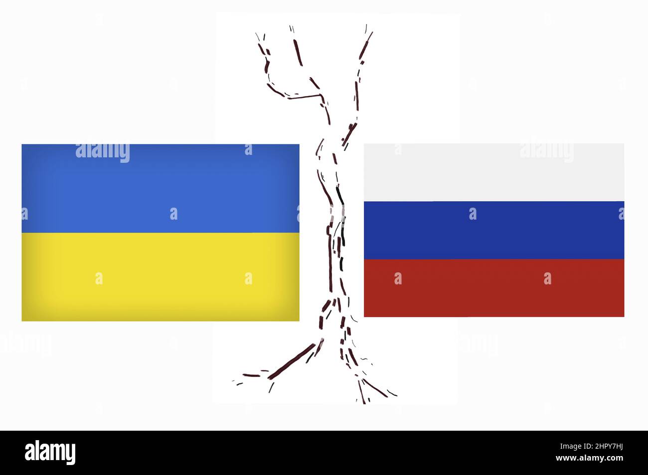 Ucraina contro Russia nel concetto di crisi di guerra mondiale. Scontro e guerra militare conflitto tra ucraino e russo paese e nazione. Bandiere dei due paesi Foto Stock