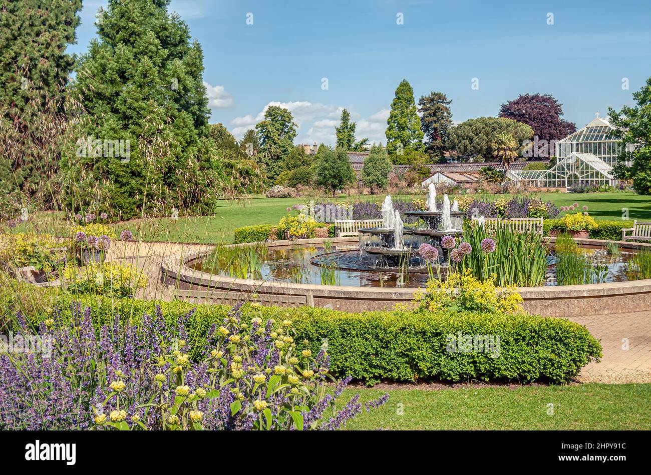 Fiori primaverili e fontana presso il Giardino Botanico dell'Università di Cambridge, Inghilterra Foto Stock