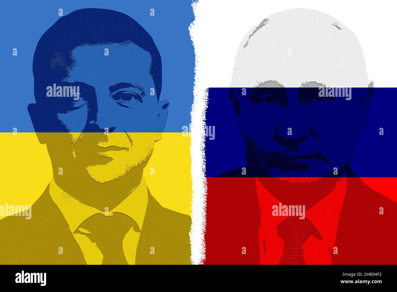 Bandiere e facce ucraine e russe dei presidenti Volodymyr Zelensky e Vladimir Putin Foto Stock