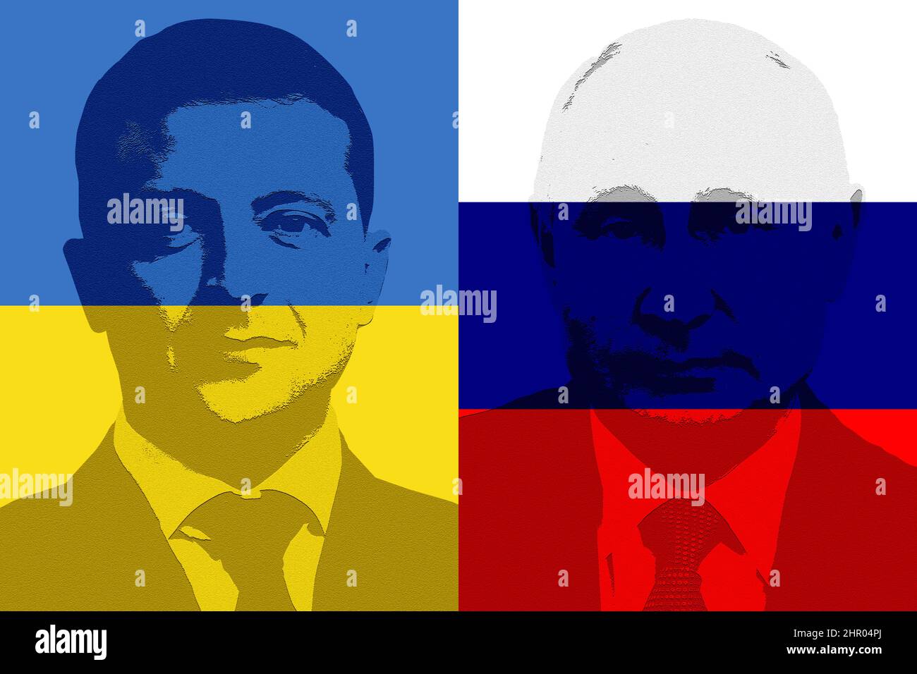 Bandiere e facce ucraine e russe dei presidenti Volodymyr Zelensky e Vladimir Putin Foto Stock
