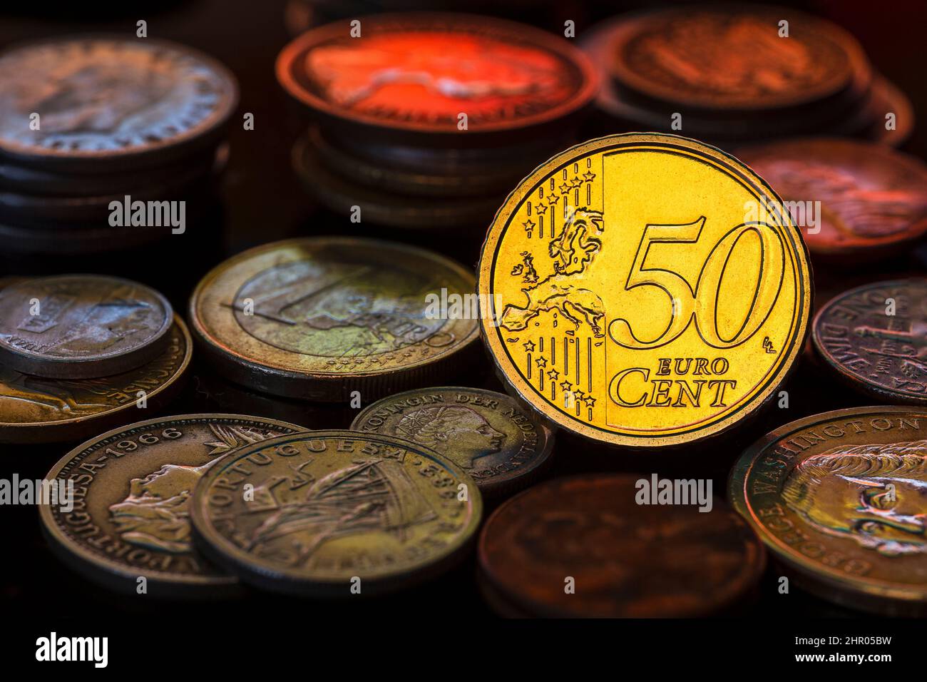 50 centesimi Euro pile di moneta primo piano Foto Stock