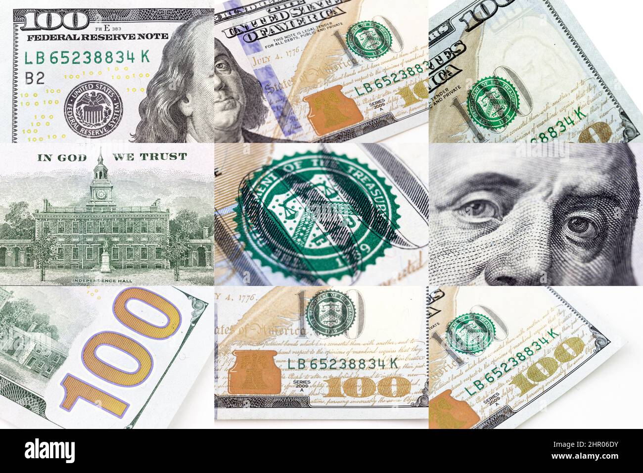 Collage di frammento di nuovo 100 dollari. Fondo dollaro USA. Centinaia di dollari Bill Fragment su macro Foto Stock