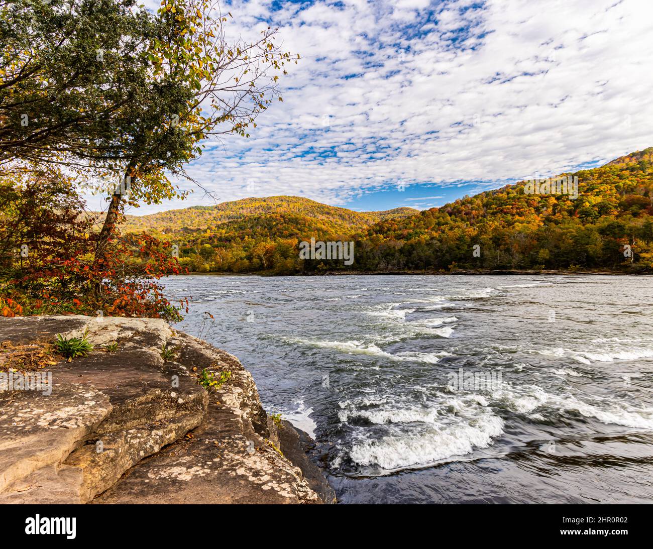 Brooks Falls sul New River con Fall Color sulle Appalachian Mountains, New River Gorge National Park, West Virginia, USA Foto Stock