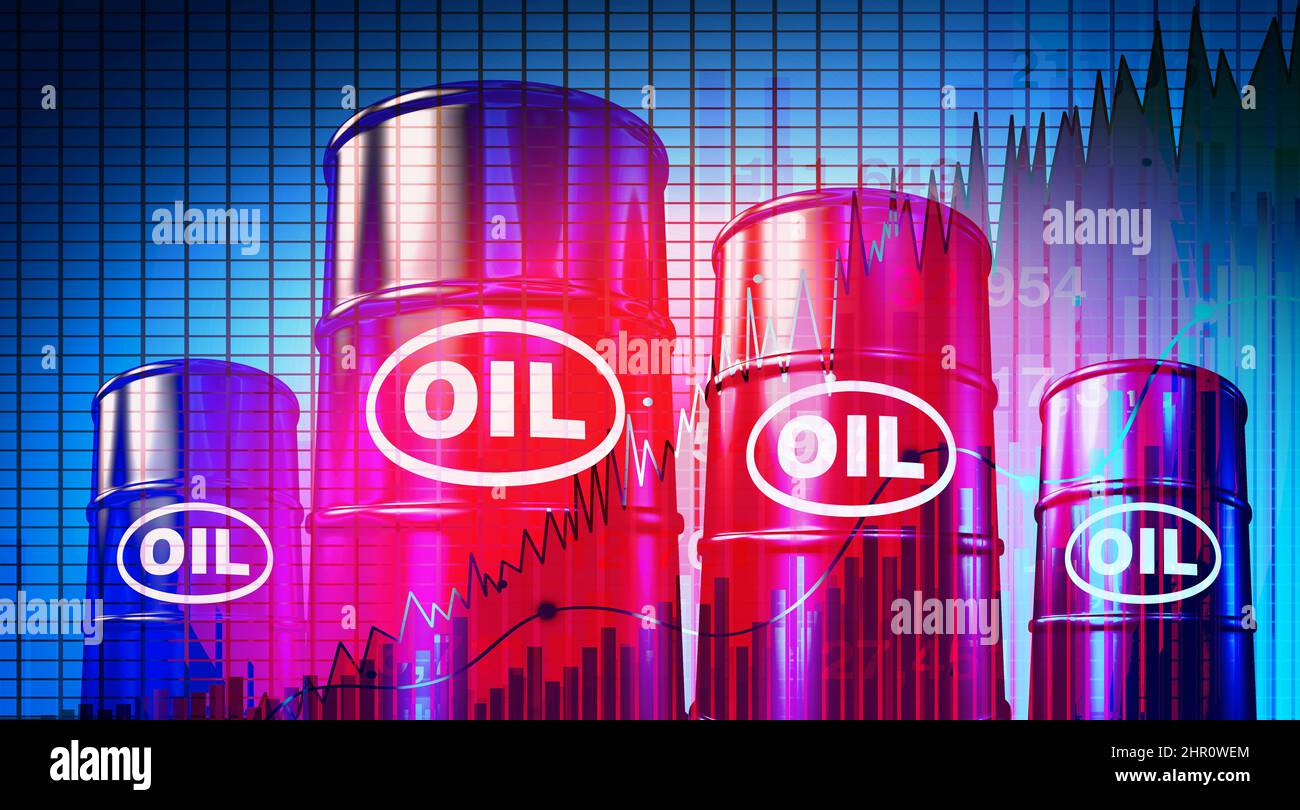 Aumento del prezzo del concetto di petrolio come un tamburo di gasolene che spillano petrolio con il liquido nero a forma di grafico del mercato azionario verso l'alto. Foto Stock
