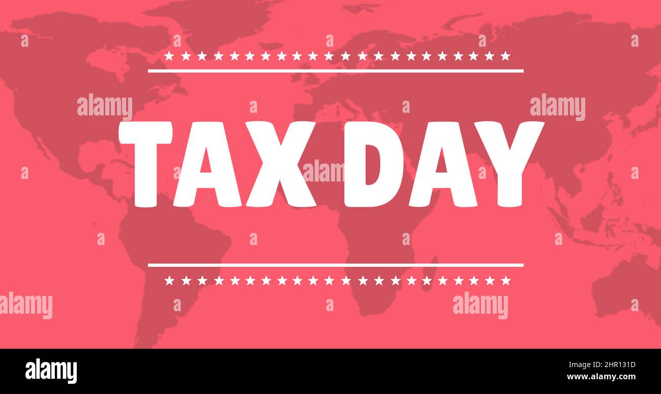 Immagine del testo del giorno fiscale sulla mappa del mondo su sfondo rosa Foto Stock