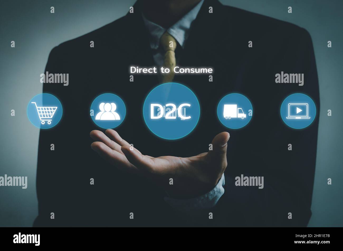 Direct to Consumer D2C schermo virtuale Internet Business Big data tecnologia concetto. Foto Stock