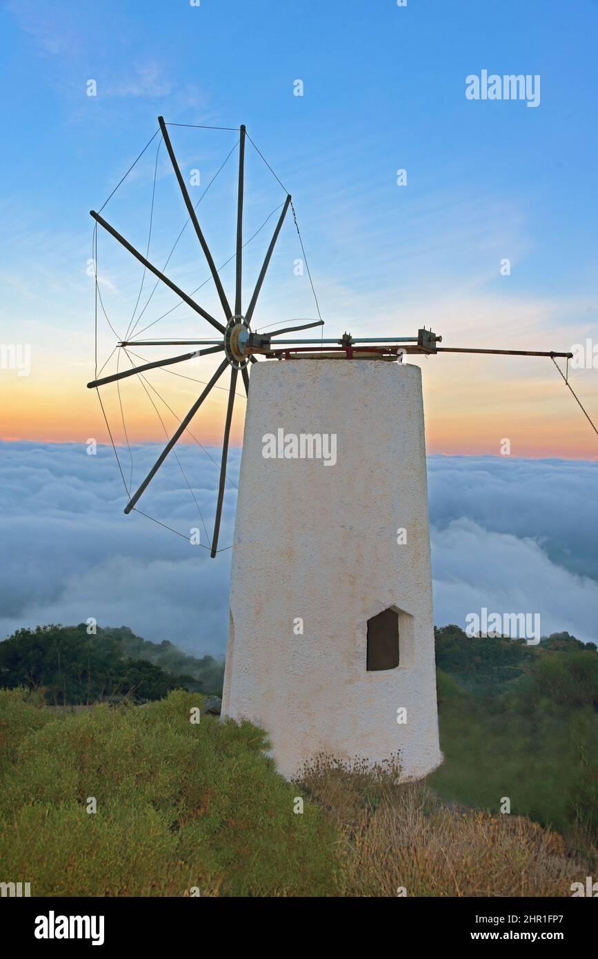 Mulino a vento sull'altopiano di Lassithi, Grecia, Creta, Tzermiado Foto Stock