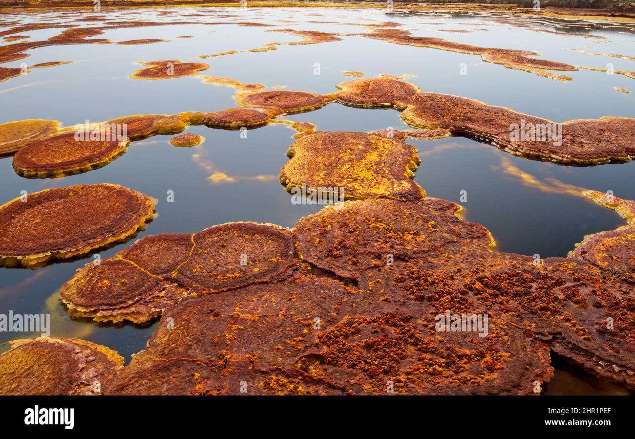 Panorama di colori surreali e Marte come paesaggio creato da sorgenti di zolfo nel luogo più caldo della terra, la depressione Danakil nella regione Afar Foto Stock