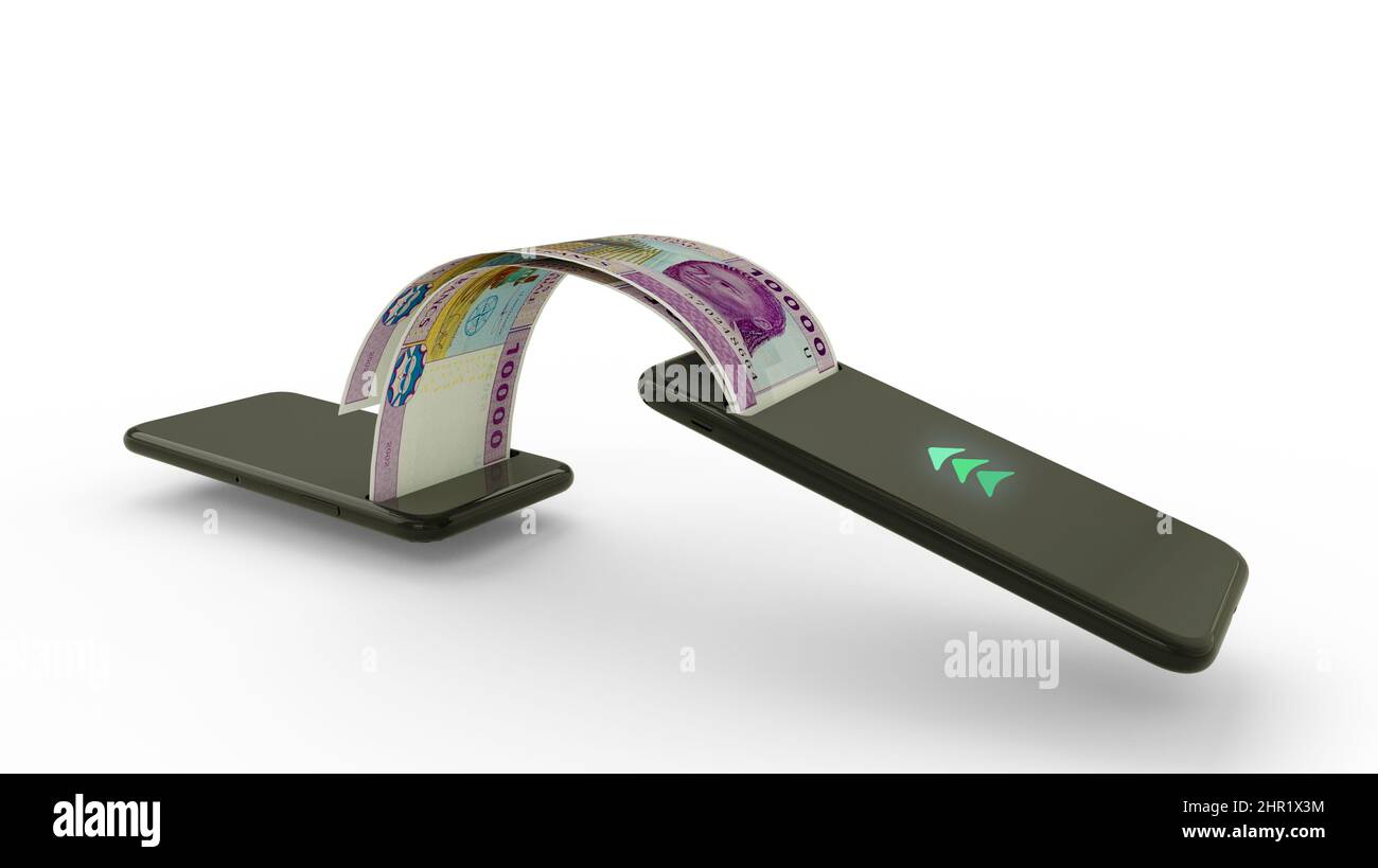 3D rendering di 10000 banconote in franchi CFA dell'Africa centrale che trasferiscono da un telefono all'altro. Concetto di transazione di denaro mobile Foto Stock