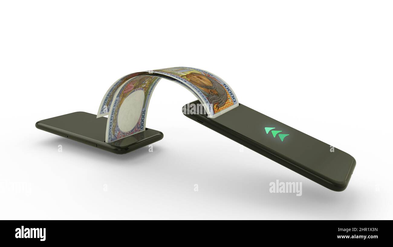3D rendering di 10000 banconote in franchi CFA dell'Africa centrale che trasferiscono da un telefono all'altro. Concetto di transazione di denaro mobile Foto Stock