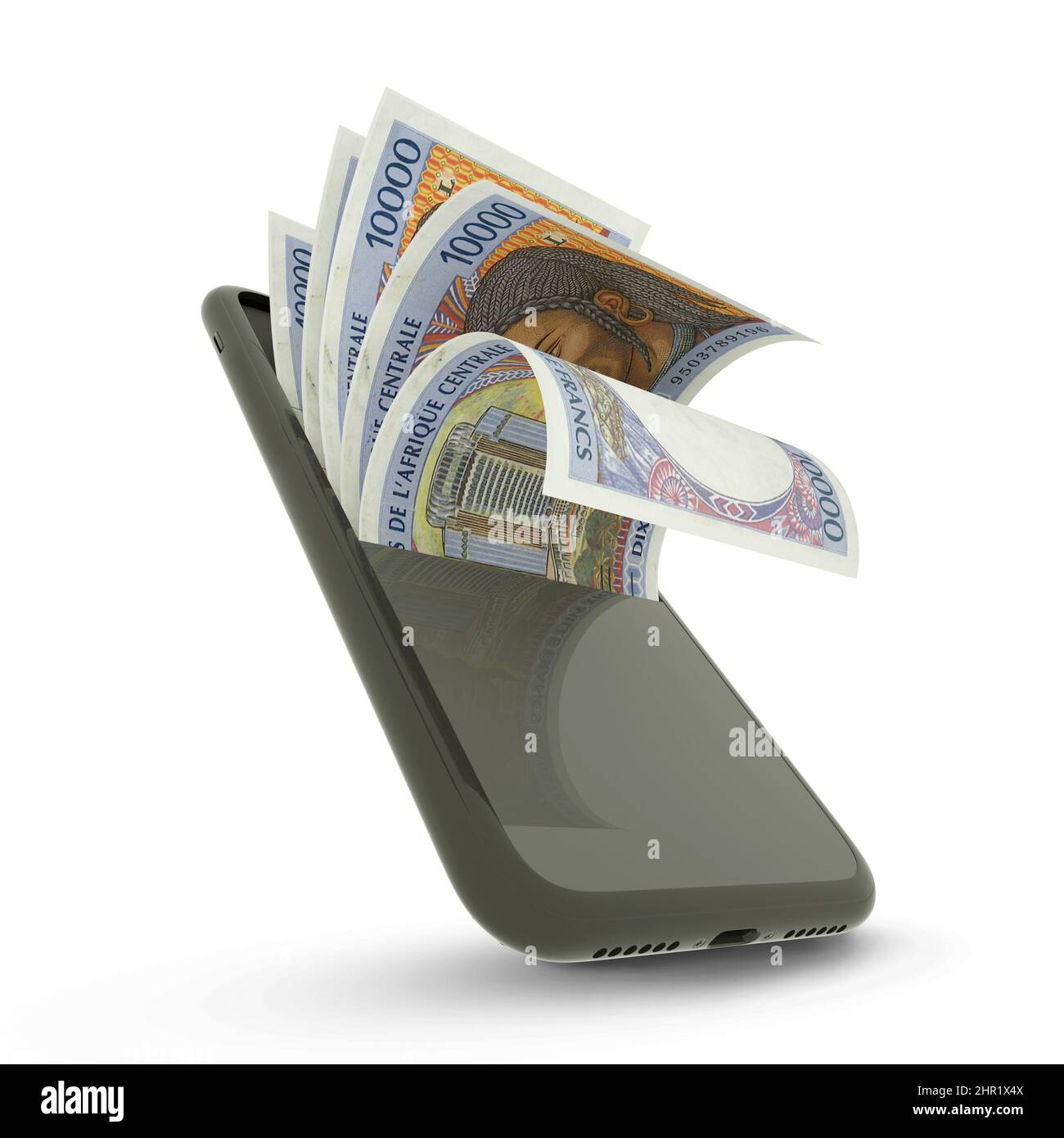 3D rendering di 10000 centrafricani CFA franchi all'interno di un telefono cellulare isolato su sfondo bianco Foto Stock
