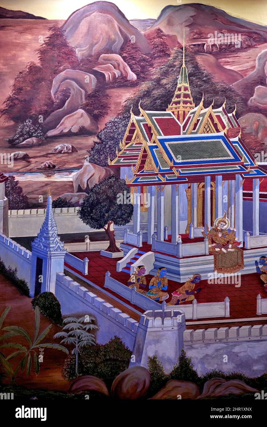 Pittura del paesaggio thailandese con un tempio buddista compund e lontane catene montuose - arte asiatica Foto Stock