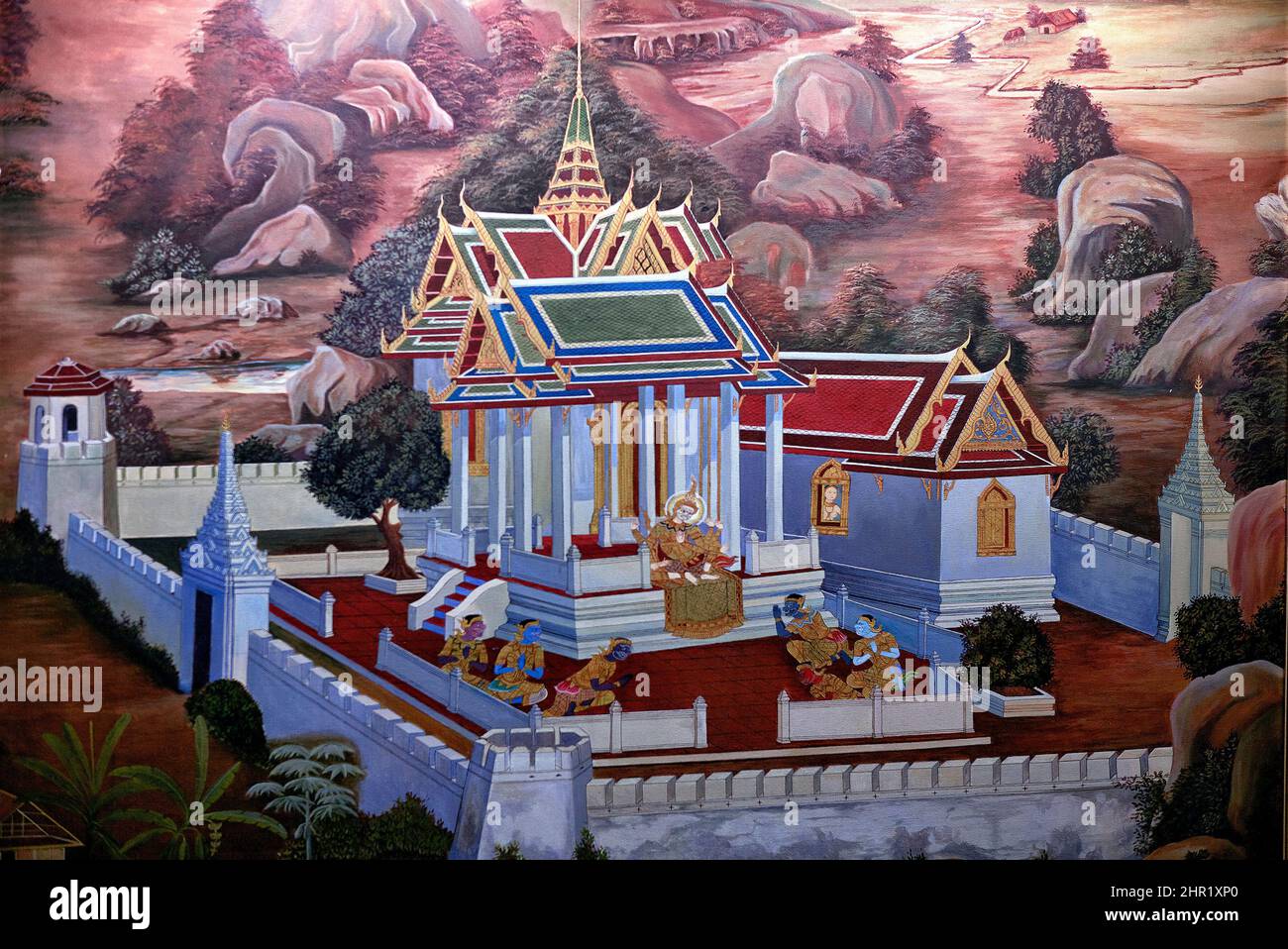 Pittura del paesaggio thailandese con un tempio buddista compund e lontane catene montuose - arte asiatica Foto Stock