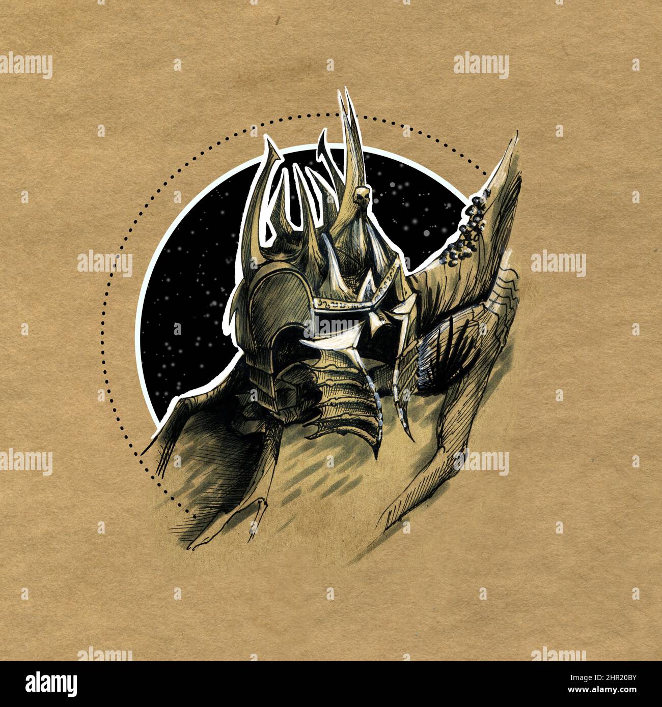 Elmetto metallico vuoto di un guerriero caduto, inchiostro disegno su carta gialla. Foto Stock