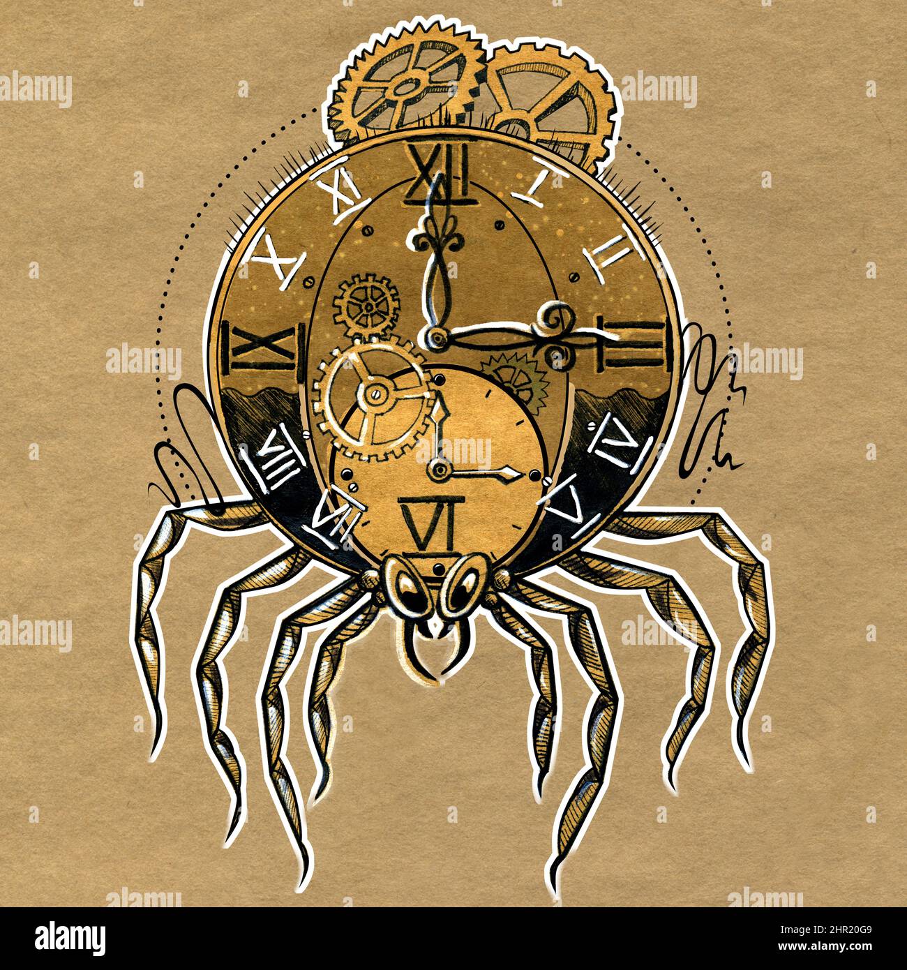 Seleziona la forma di un orologio. Disegno astratto dell'inchiostro su carta artigianale. Foto Stock