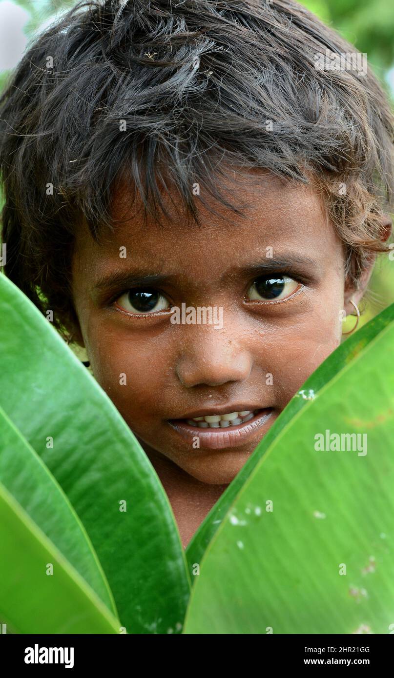 Ritratto di piccola ragazza tribale al villaggio remoto dell'India. Foto Stock