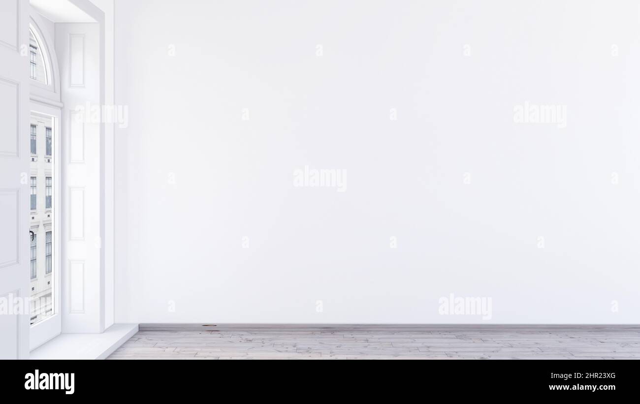 Sala vuota 3D rendering, pareti moderne bianche e luminose design soggiorno, visualizzazione 3D, illustrazione di sfondo interno, alte finestre ad arco Foto Stock