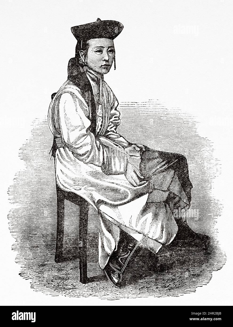 Giovane ragazza mongolo vestita di abbigliamento tradizionale seduta su una sedia, Mongolia. Asia. Viaggio in Mongolia di Nikolai Mijailovich Przewalski in 1870-1873, le Tour du Monde 1877 Foto Stock