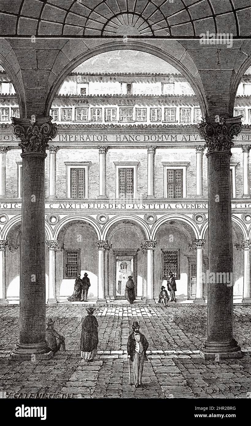 Il cortile del Palazzo Ducale di Urbino, regione Marche, Italia. Viaggio da Ravenna a Otranto con Charles Yriarte Foto Stock