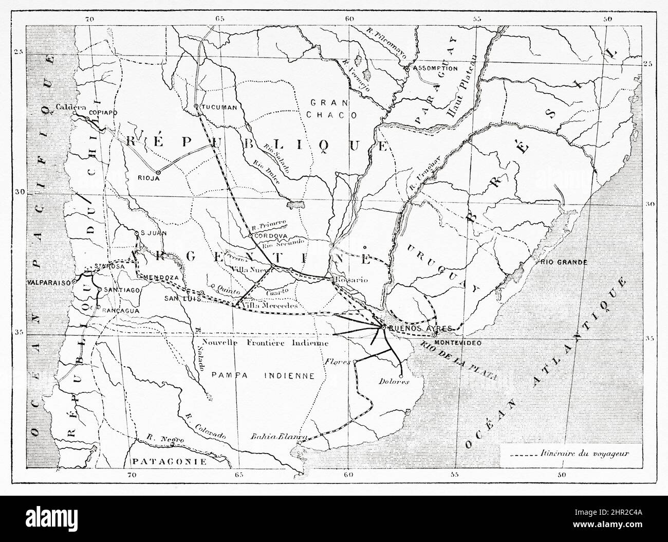 Mappa del viaggio da Montevideo in Uruguay a Santa Rosa in Cile realizzato da Desiré Charnay nel 1876. Sud America. Attraverso le Pampas e la Cordillera, da Montevideo a Santa Rosa (Cile) di Desiré Charnay, 1876 Foto Stock