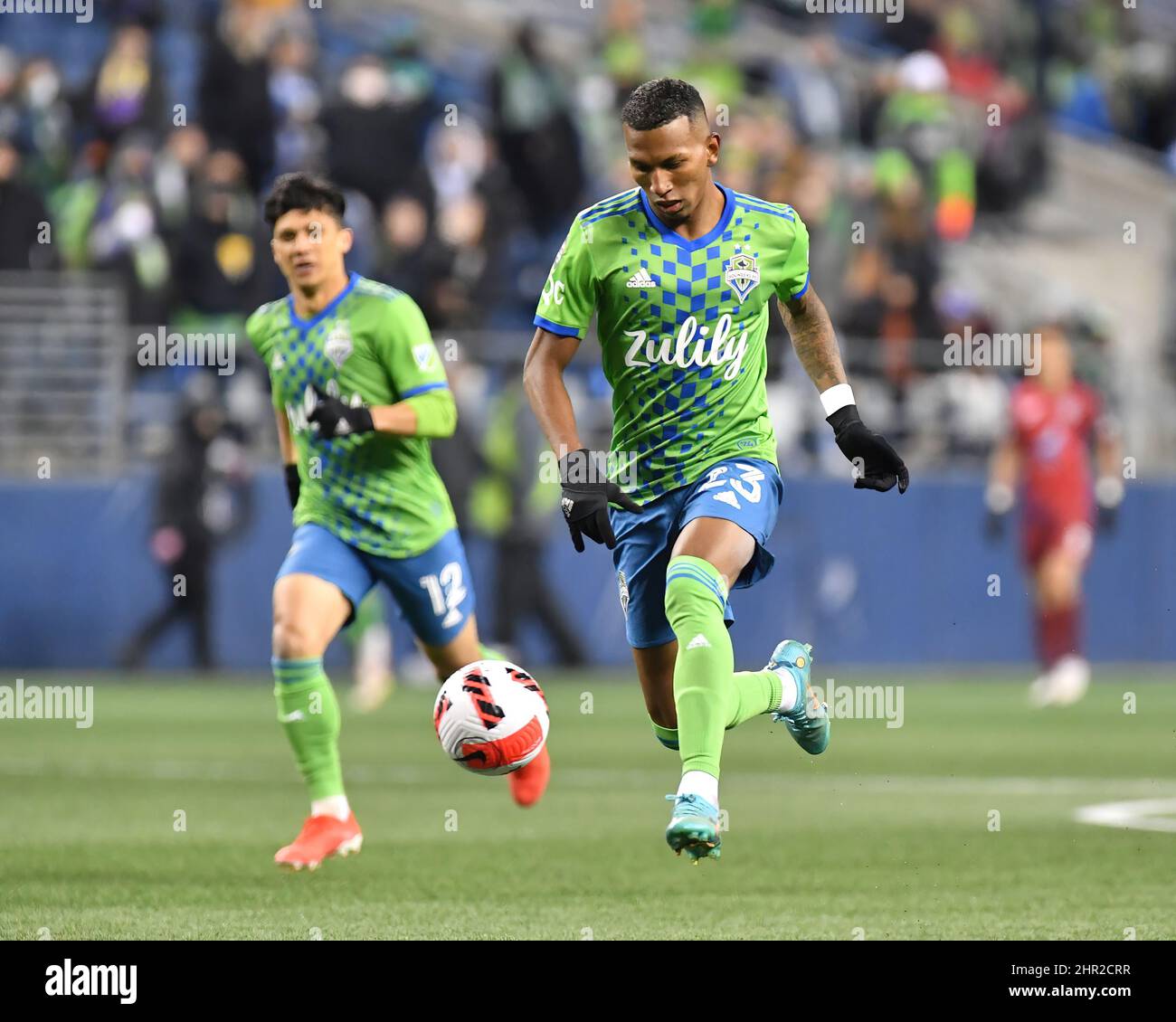 24 febbraio 2022: I Seattle Sounders avanzano Leo Chu durante la partita di calcio MLS tra il FC Motagua e i Seattle Sounders al Lumen Field di Seattle, WA. Seattle sconfisse Motagua 5-0. Steve Faber/CSM Foto Stock