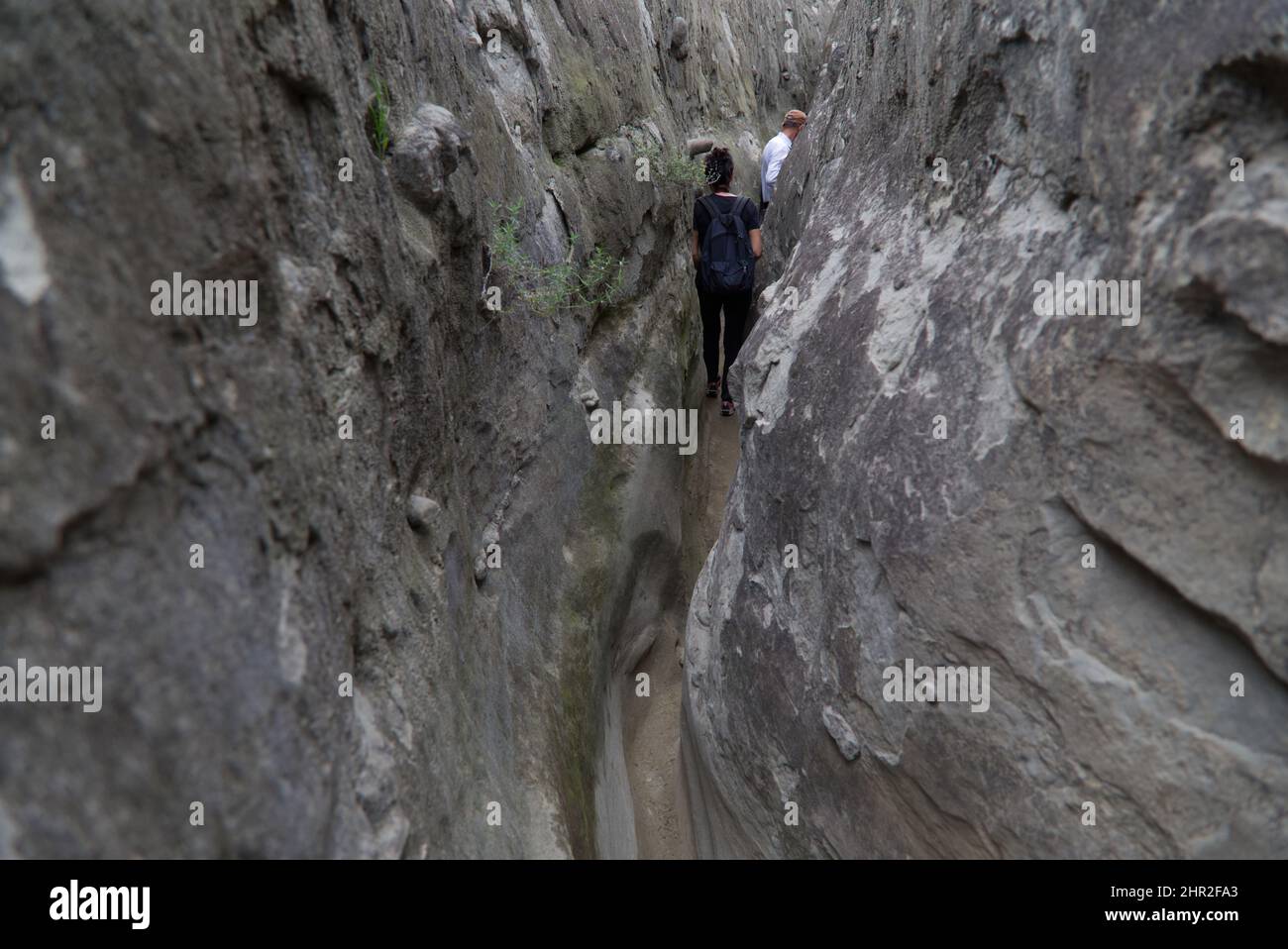 Le strette mura del sentiero Los Hoyos nel deserto grigio di Tatacoa, Colombia Foto Stock