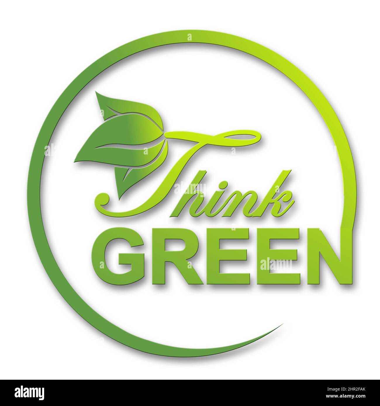 Texte sur Logo Think Green Concept - Ecologia ed energia Verde in stile trendy con elementi e cornice di piante in foglia - isolato su sfondo bianco Foto Stock