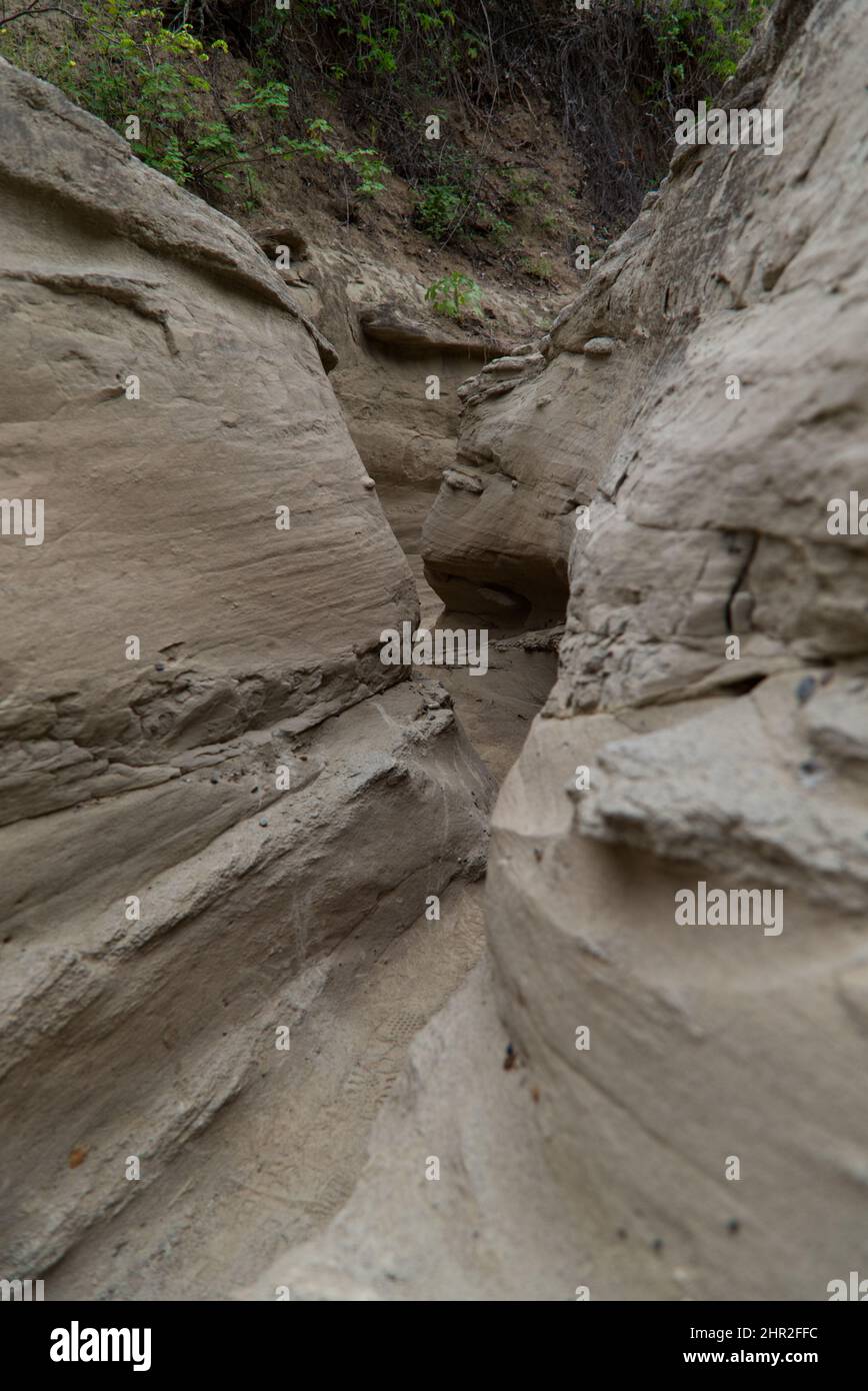 Le strette mura del sentiero Los Hoyos nel deserto grigio di Tatacoa, Colombia Foto Stock
