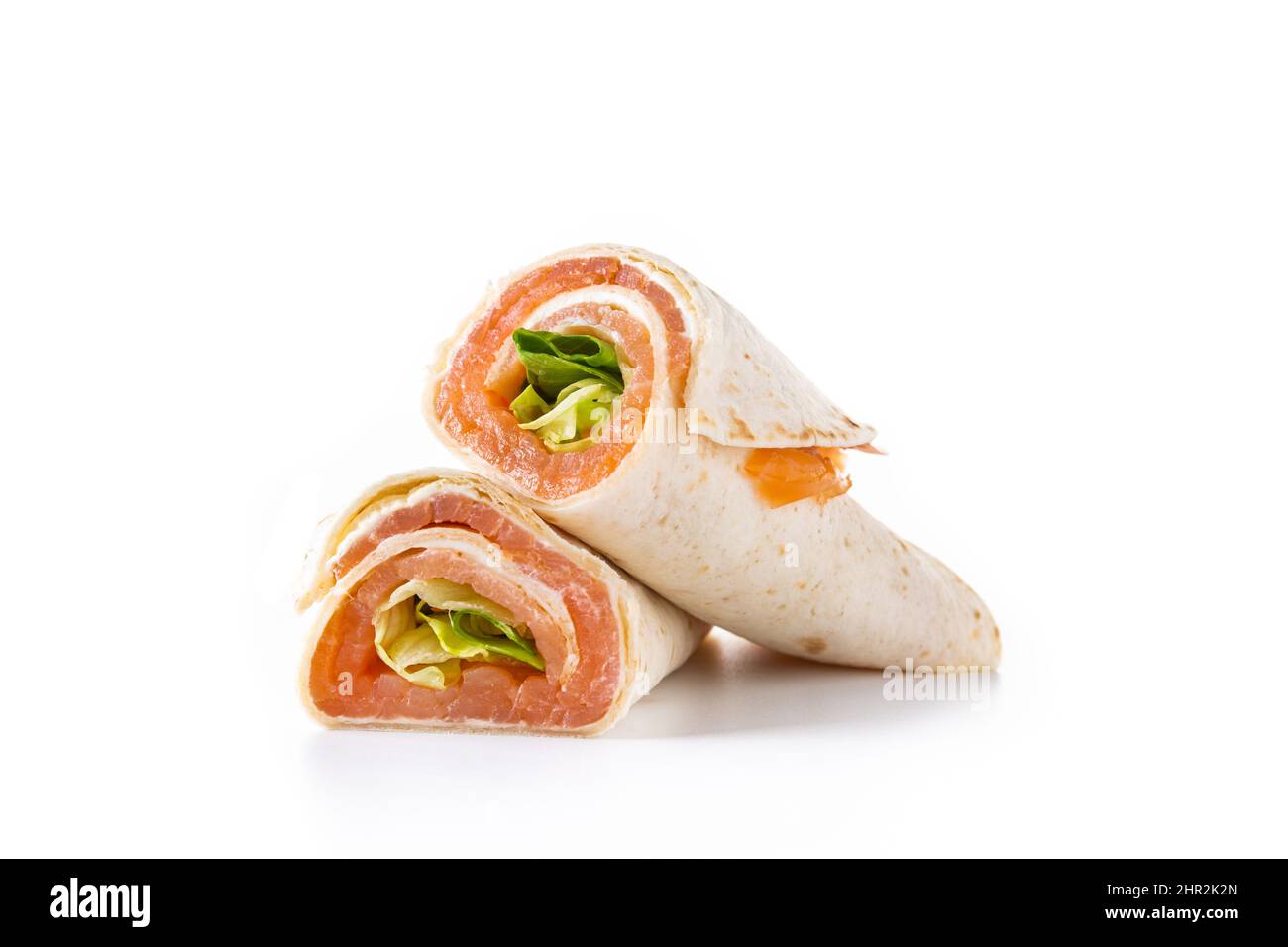 Panini con impacco al salmone con formaggio e verdure isolate su sfondo bianco Foto Stock