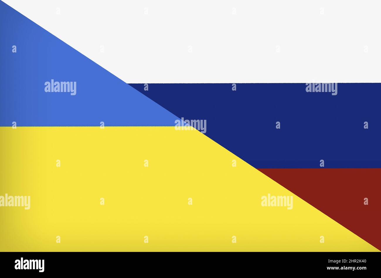 Ucraina contro Russia nel concetto di crisi di guerra mondiale. Scontro e guerra militare conflitto tra ucraino e russo paese e nazione. Bandiere dei due paesi Foto Stock