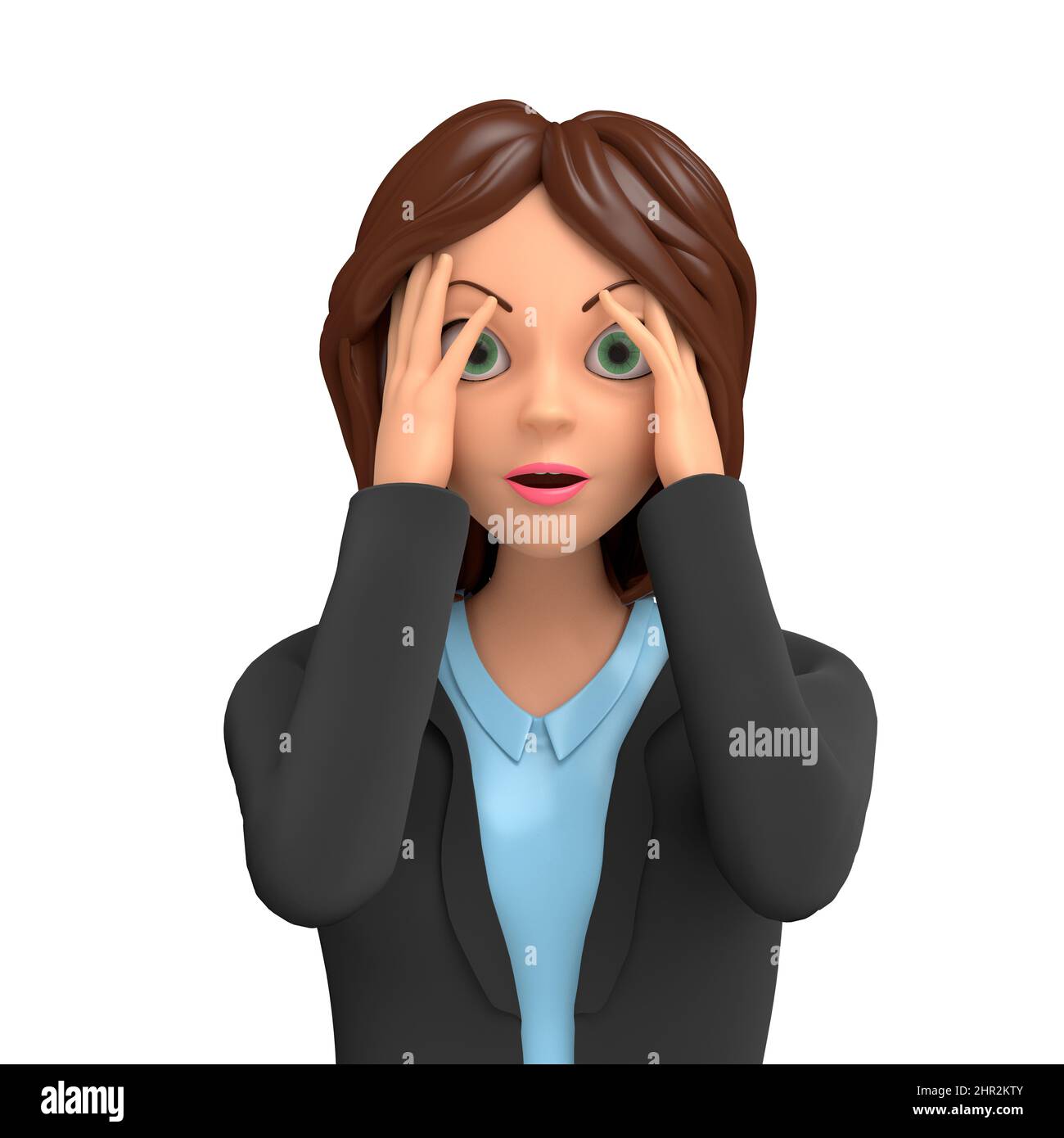 Una donna di affari delusa irritata sta tenendo la sua testa. Il concetto di sentirsi ansiosi e frustrati. 3D rendering. Foto Stock