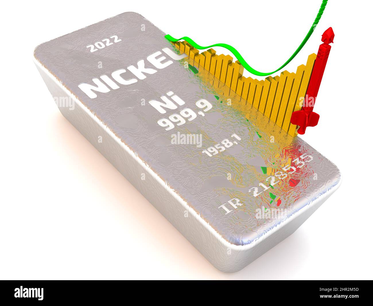 L'aumento del valore del nichel. Un lingotto di 999,9 nichel fine e un grafico di rapida crescita con razzo rosso concettuale. 3D illustrazione Foto Stock