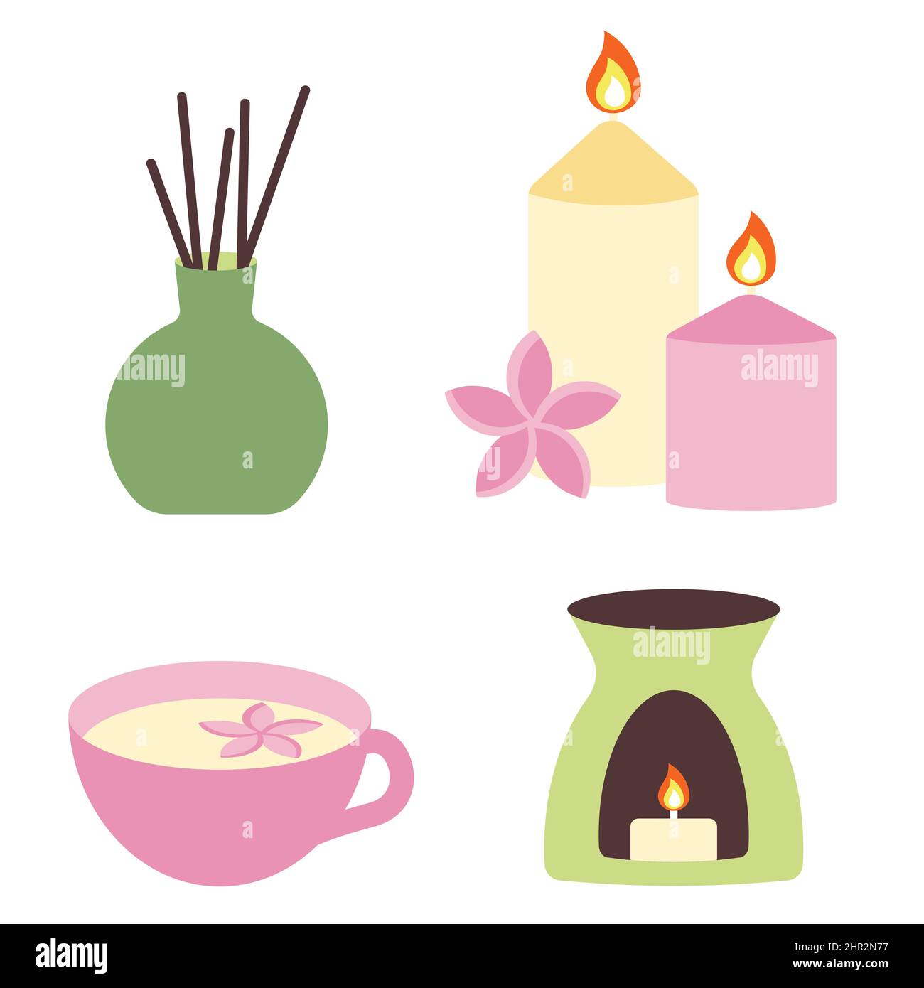 Set di elementi per spa e relax. Bruciatore ad olio, tazza con tè alle erbe, diffusore di olio essenziale e candele aromatiche. Accessori per il relax, la meditazione a Illustrazione Vettoriale