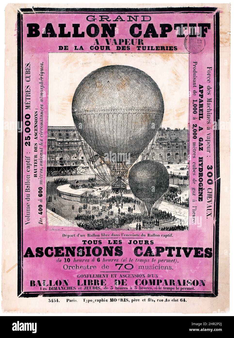 Grand Ballon Captif a vapeur de la cour des Tuileries / Yves & Barret, Typotraphie Morris - poster di pubblicità antica. Parigi Francia. 1878. Foto Stock