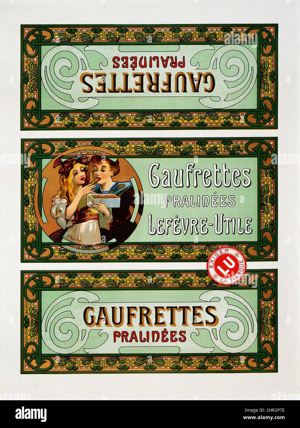 Vintage Alphons Mucha Biscuit Label for Gaufrettes by Lefevre Utile c 1900. Stile Art Nouveau. Foto Stock