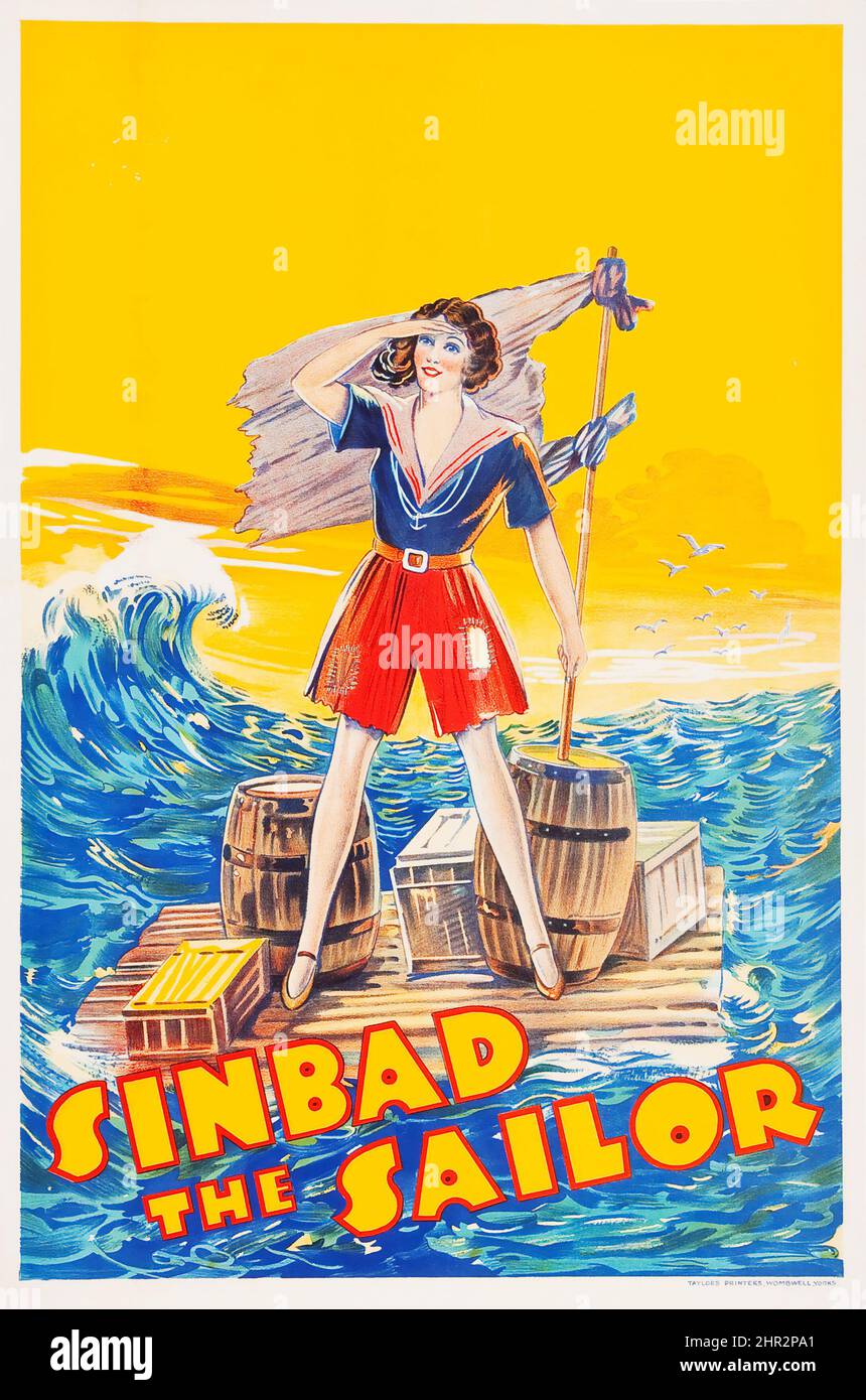 Sinbad il marinaio - Poster d'epoca (c. 1900) Donna su una zattera. Foto Stock