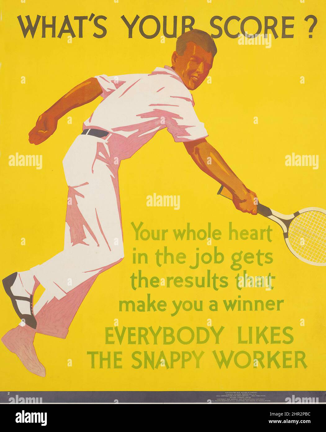 Artista anonimo - QUAL È IL TUO PUNTEGGIO? - poster pubblicitario vintage. Giocatore di tennis su sfondo giallo. 1929. Foto Stock