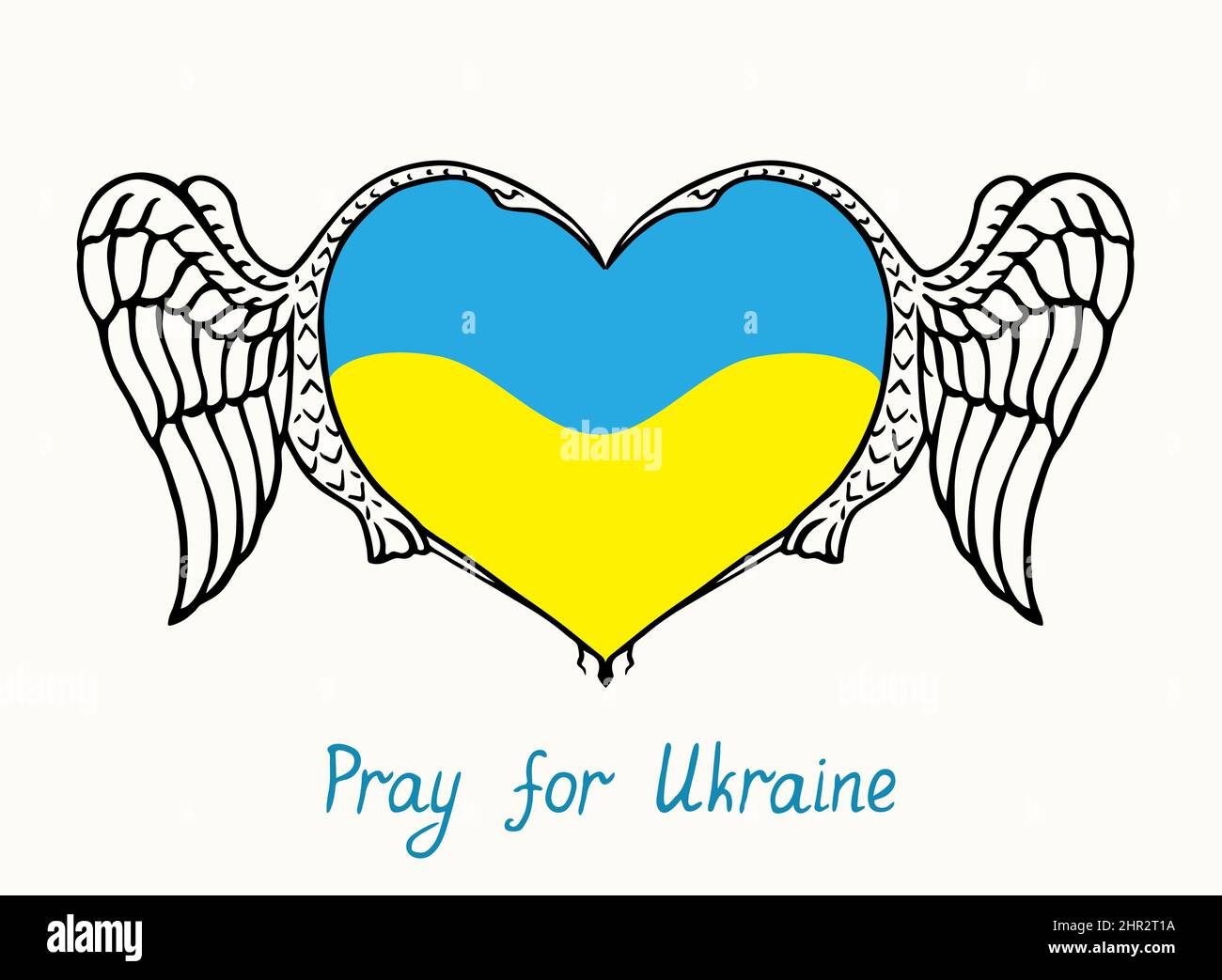 Coppia cicogne che formano la forma del cuore con bandiera Ucraina all'interno, banner per supporto con iscrizione, pregare per l'Ucraina, semplice disegno di barbatelle Foto Stock