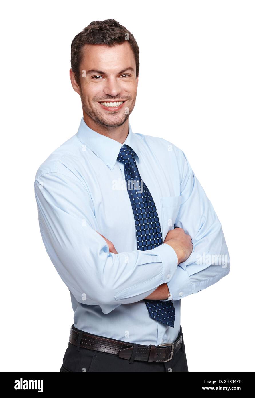 HES ha ottenuto acumen stupefacente di affari. Un uomo d'affari esperto che incrocia le braccia mentre isoalted su uno sfondo bianco. Foto Stock