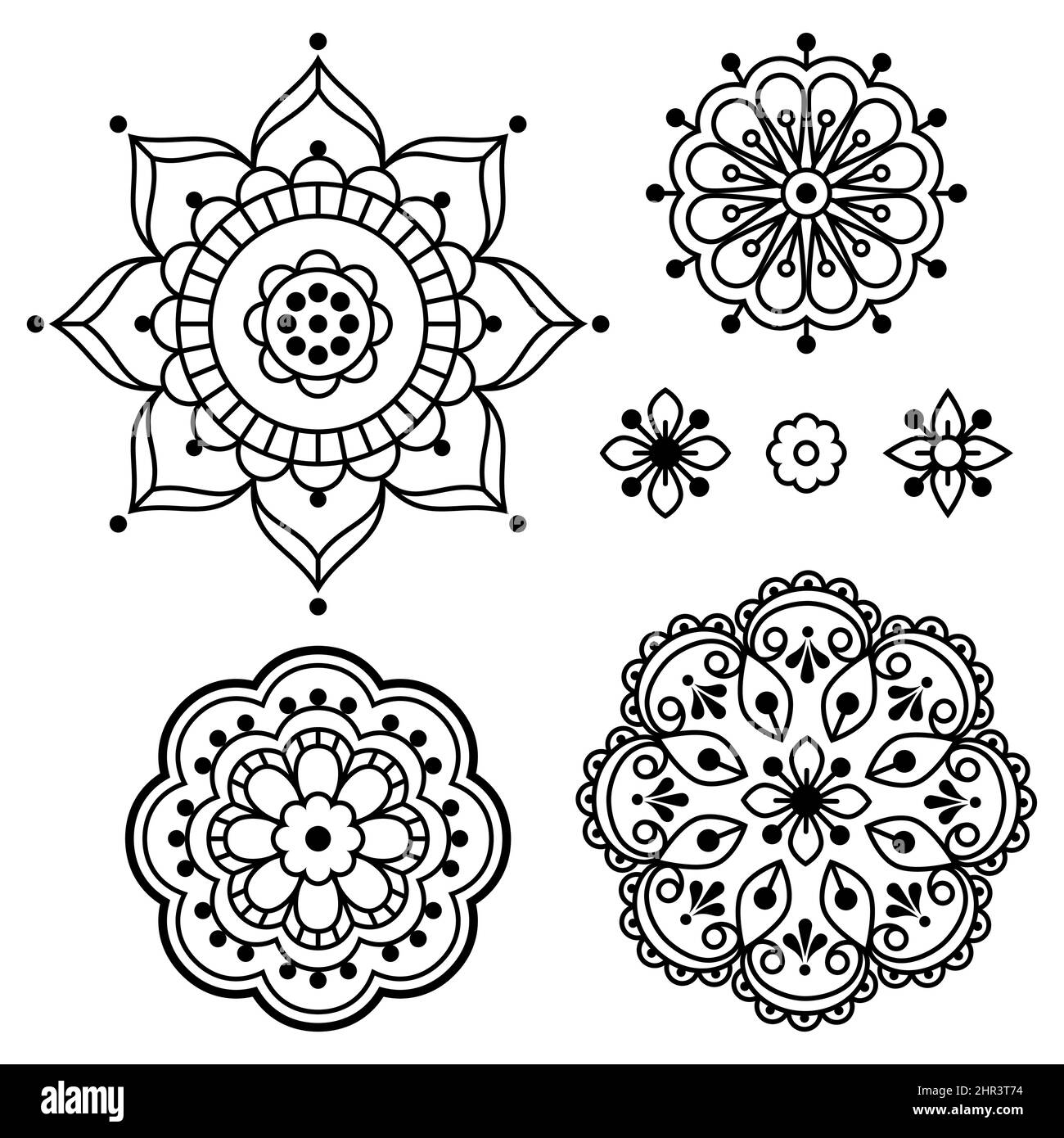 Collezione scandinava floreale mandala vettoriale, decorazioni retrò con fiori ispirati al pizzo e motivi ricamati in nero e bianco Illustrazione Vettoriale