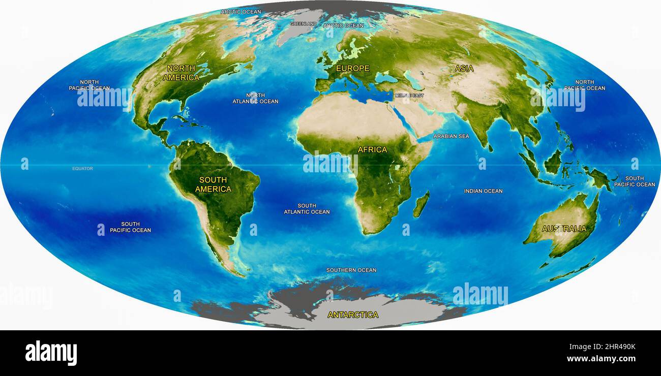 Mappa fisica dei continenti e degli oceani del mondo, atlante dettagliato della Terra, foto dello spazio satellitare, immagine del globo. Elementi di questa immagine forniti dalla NASA. Foto Stock