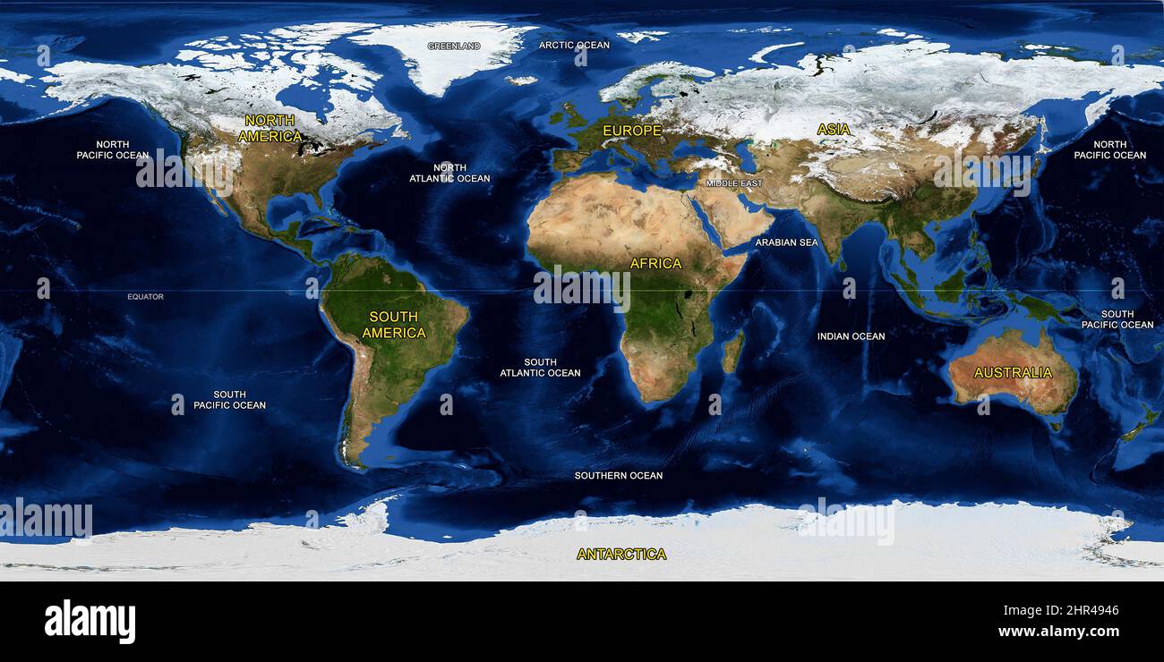 Vista terra piatta dallo spazio. Mappa fisica del mondo dettagliata sulla foto satellitare globale, superficie planetaria panoramica. Elementi di questa immagine forniti dalla NASA. Foto Stock