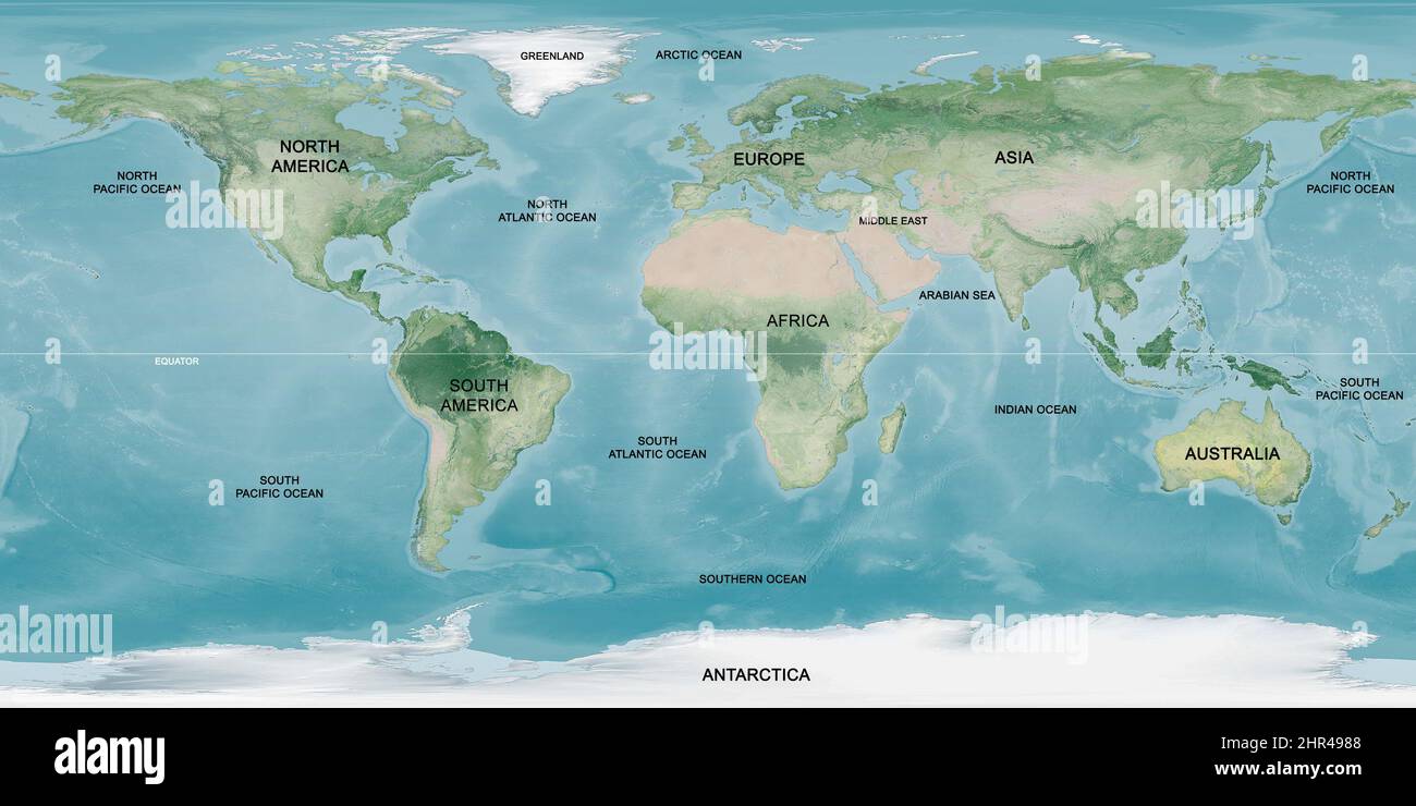 Earth Observatory Explorer base Map, World flat view from space. Dettaglio atlante fisico su satellite photo.Elements di questa immagine fornita dalla NASA. Foto Stock