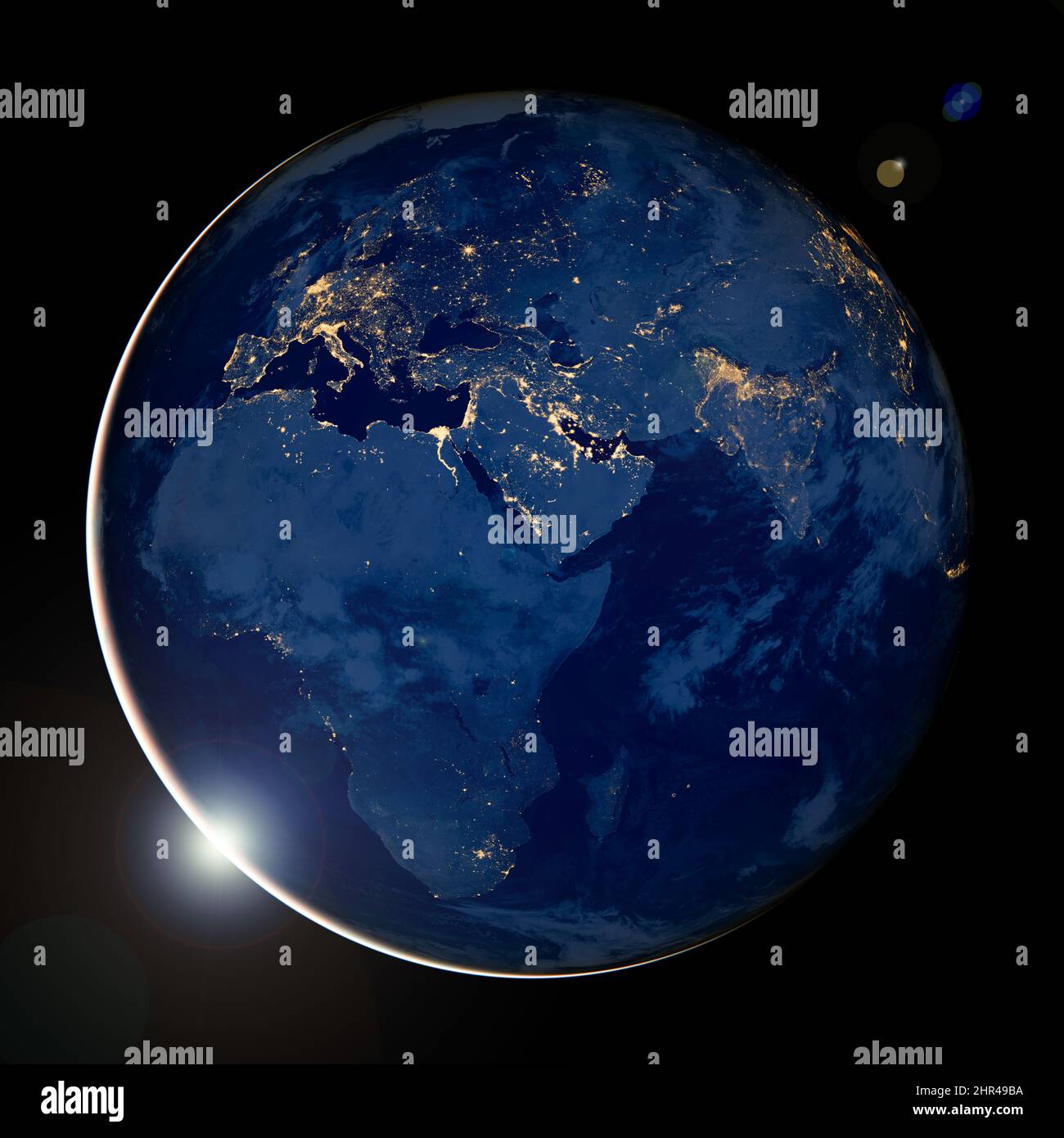 Foto della terra di notte, Mappa del mondo, foto satellitare, luci della città d'Europa, Africa, Medio Oriente dallo spazio. Elementi di questa immagine forniti dalla NASA Foto Stock