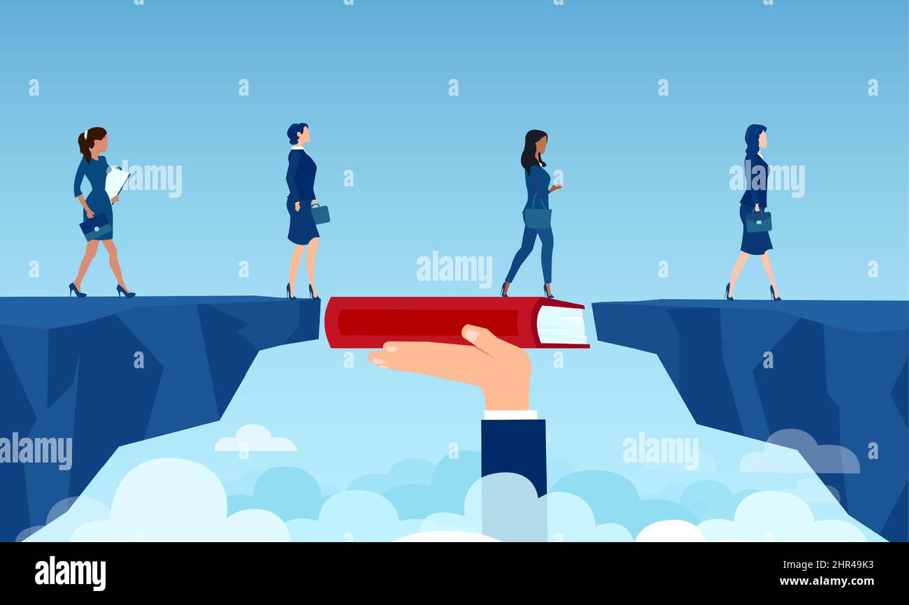 Vettore di un gruppo di giovani donne d'affari che attraversano un ponte di libri che avanza nella carriera Illustrazione Vettoriale