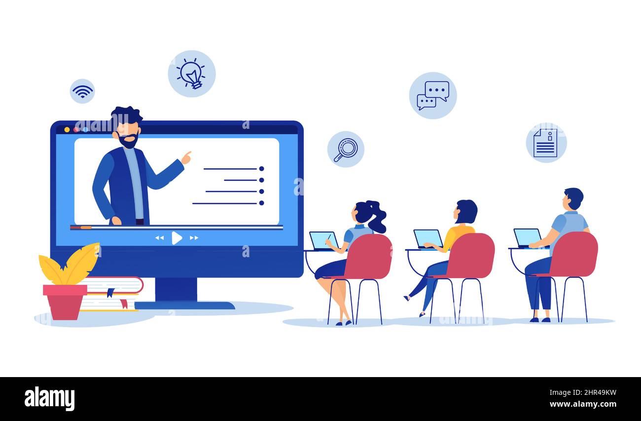 Vettore di studenti che imparano online a casa tramite corsi di formazione su webinar, ascoltando un insegnante Illustrazione Vettoriale
