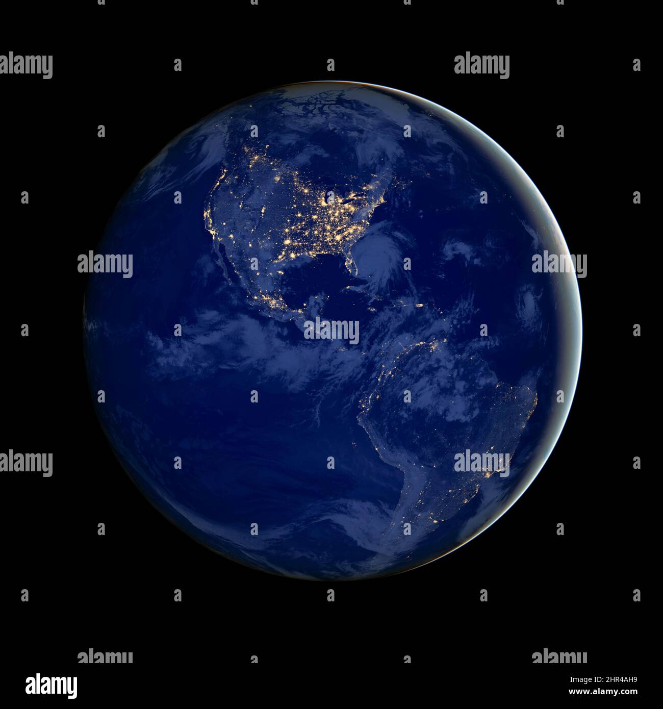 Nord e Sud America di notte, luci della città, immagine satellitare dallo spazio, foto della terra con sfondo nero.elementi di questa immagine forniti dalla NASA. Foto Stock