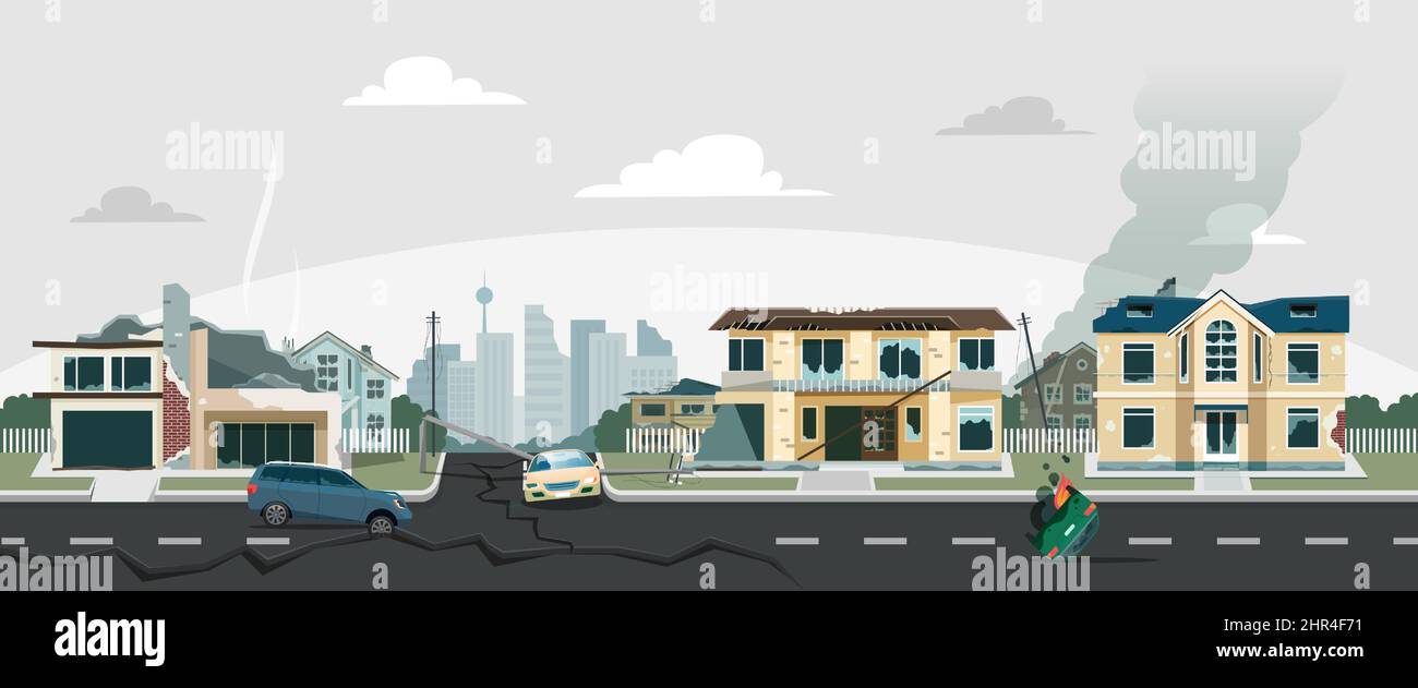 Città rovinata dopo il terremoto o la guerra, abbandonato e distrutto edifici. Rovine della città con case crollate e auto bruciate illustrazione vettoriale. Edificio Illustrazione Vettoriale
