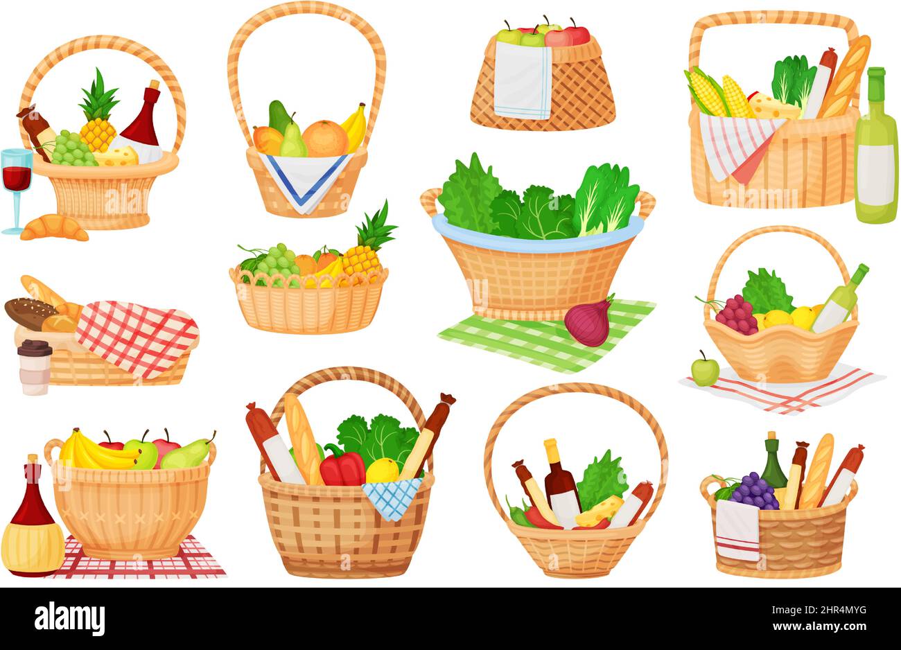 Cestini da picnic in vimini cartoon con cibi e bevande gustosi. Cestino omaggio pieno di frutta, cena estiva all'aperto in set vettoriale di cestini tessuti. Illustrazione o Illustrazione Vettoriale