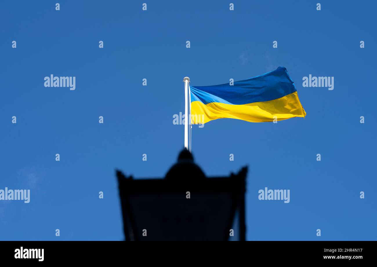 10 Downing Street, Londra, Regno Unito. La bandiera dell'Ucraina vola accanto alla bandiera dell'Unione sopra il n. 10 il giorno 2 dell'invasione russa dell'Ucraina. Credit: Malcolm Park/Alamy Live News Foto Stock